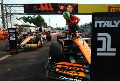 2024年F1意大利大奖赛排位赛，诺里斯在帕克菲米庆祝个人第五个杆位