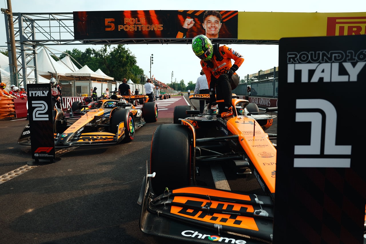 2024年F1意大利大奖赛排位赛，诺里斯在帕克菲米庆祝个人第五个杆位