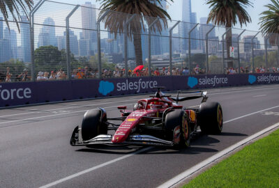 2025年F1澳大利亚大奖赛二练，勒克莱尔驾驶法拉利SF-25行驶在阿尔伯特公园赛道