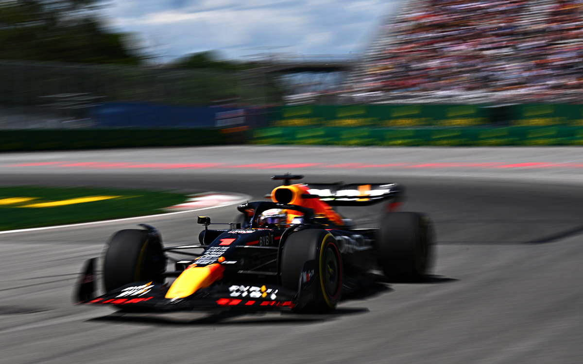 2022年F1加拿大大奖赛一练，维斯塔潘驾驶红牛在维伦纽夫赛道行驶