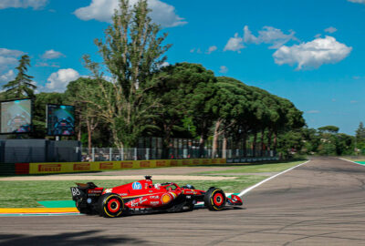 2024年F1艾米利亚罗马涅大奖赛二练，勒克莱尔驾驶法拉利SF-24赛车在伊莫拉赛道飞驰