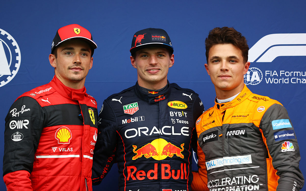 2022年F1艾米利亚罗马涅大奖赛排位赛,杆位维斯塔潘(红牛)、第二勒克莱尔(法拉利)与第三诺里斯(迈凯伦)