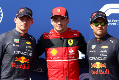 2022年F1法国大奖赛排位赛，排位前三的维斯塔潘（红牛）、勒克莱尔（法拉利）与佩雷兹（红牛）