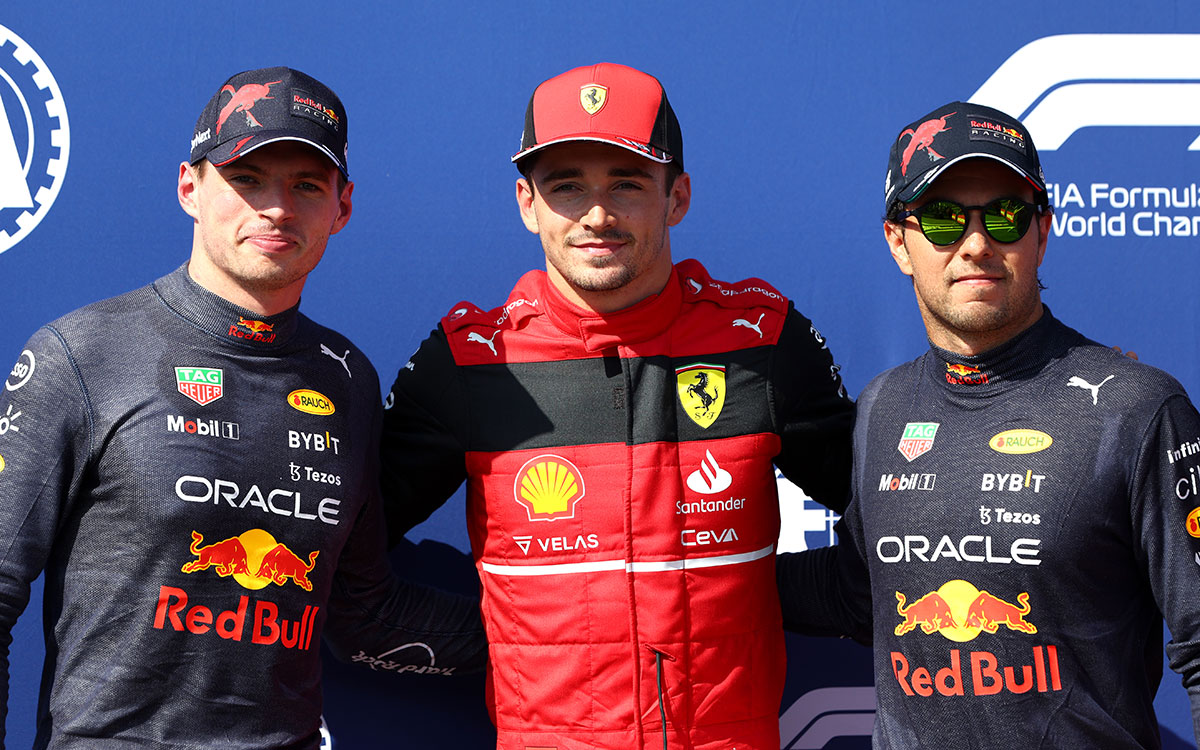 2022年F1法国大奖赛排位赛，排位前三的维斯塔潘（红牛）、勒克莱尔（法拉利）与佩雷兹（红牛）