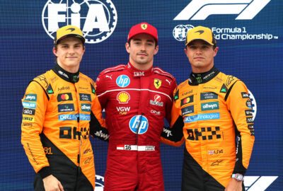 2025年F1匈牙利大奖赛排位赛前三合影，杆位勒克莱尔、第二皮亚斯特里、第三诺里斯