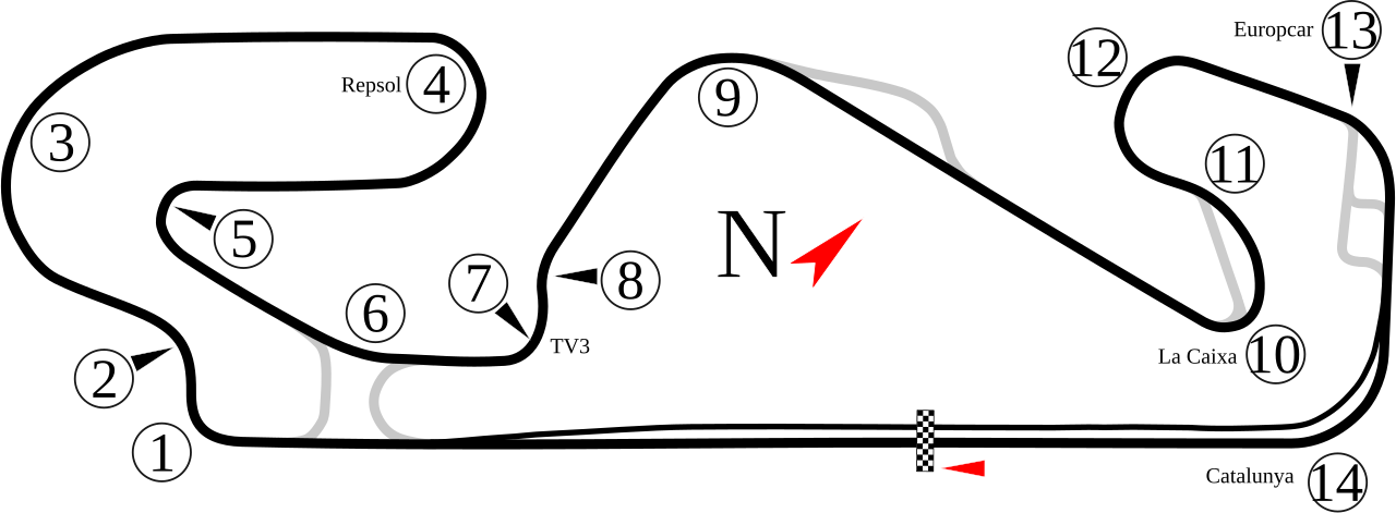 2021年后的 MotoGP 布局,黑线经过新十号弯和最后两个快速右弯。灰线为其他或历史连接线。