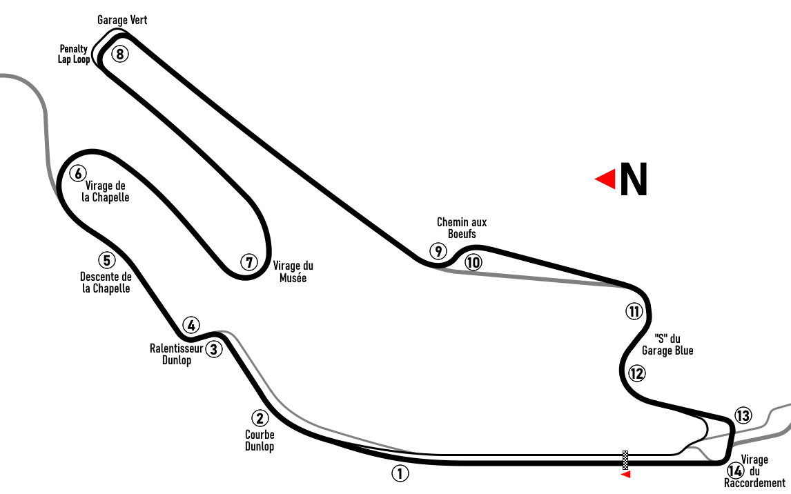 布加迪赛道14弯布局示意;浅色分支通向场地其他路线,不是 MotoGP 正赛线路。