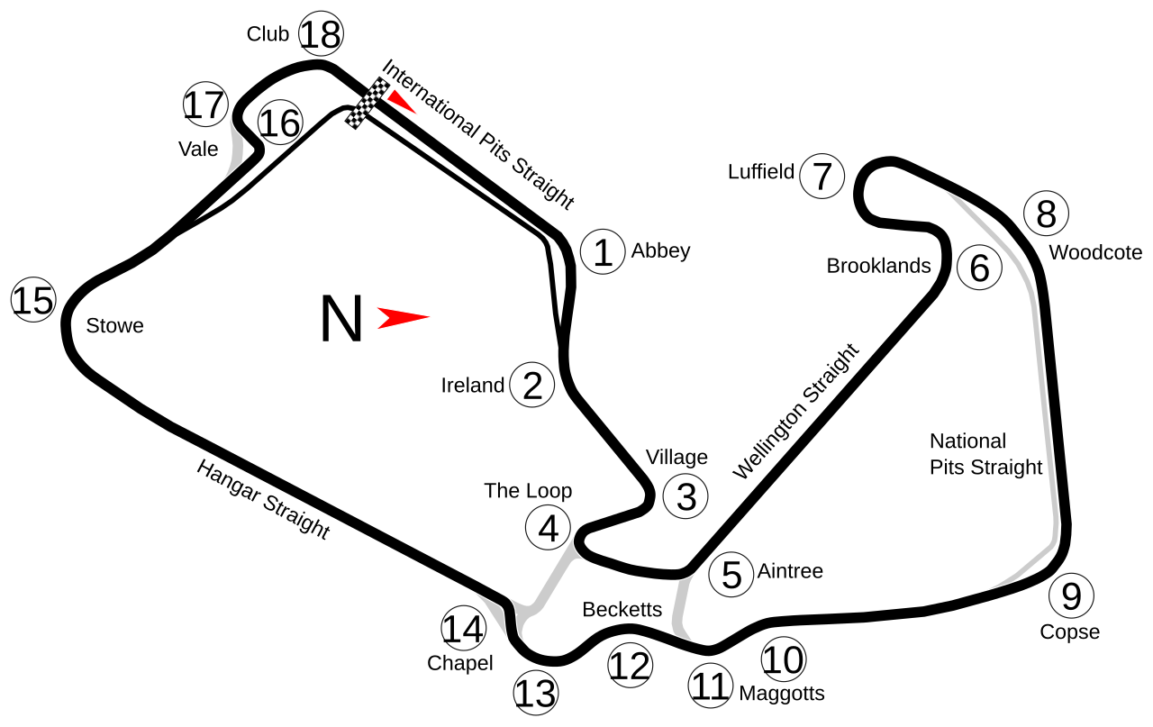 MotoGP 国际维修区版本示意，起终点位于 Hamilton Straight，图内旧国家维修区位置供辨认。