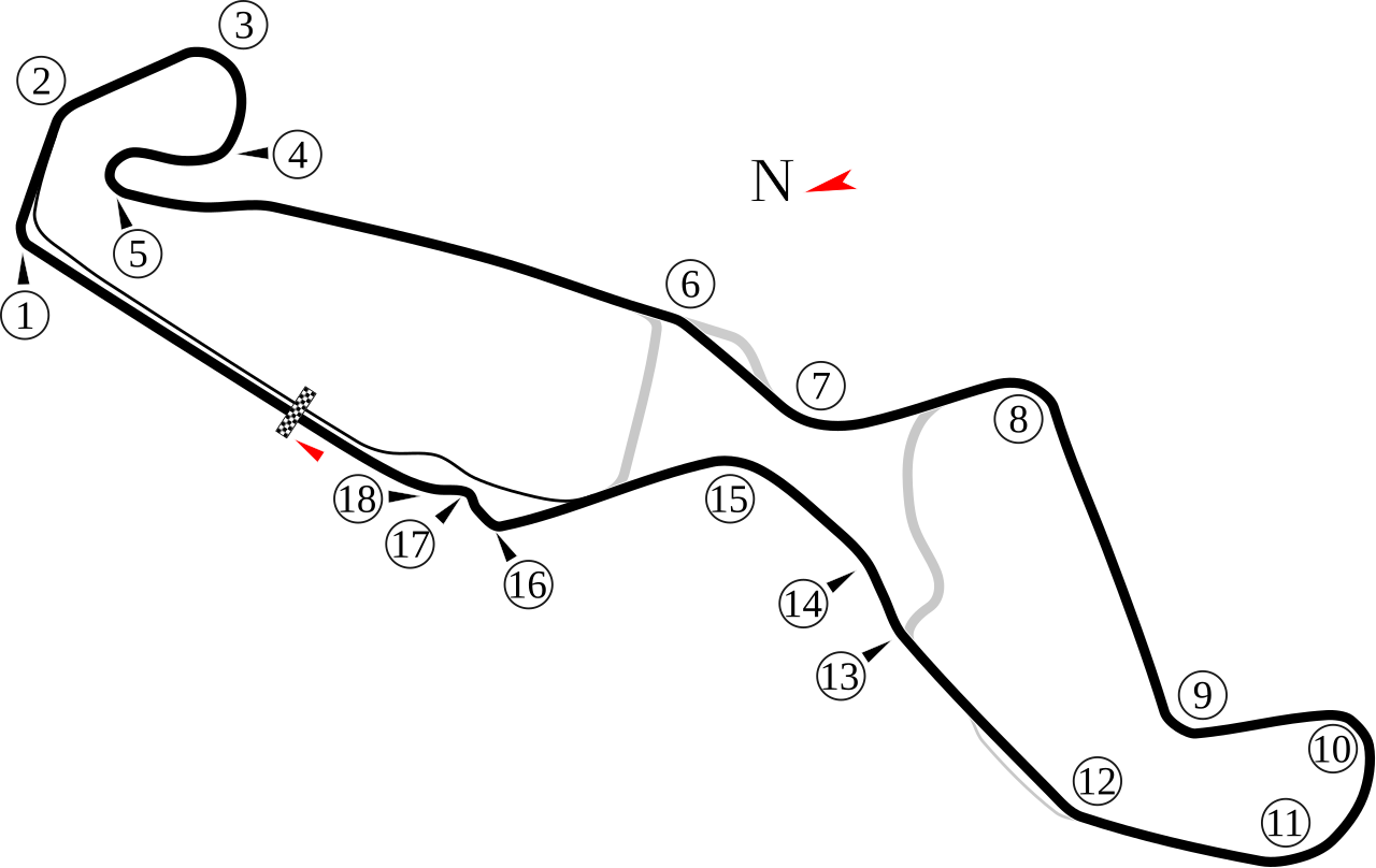 现代 MotoGP 使用的阿森布局,18个弯,末段减速弯紧接起终点区域。