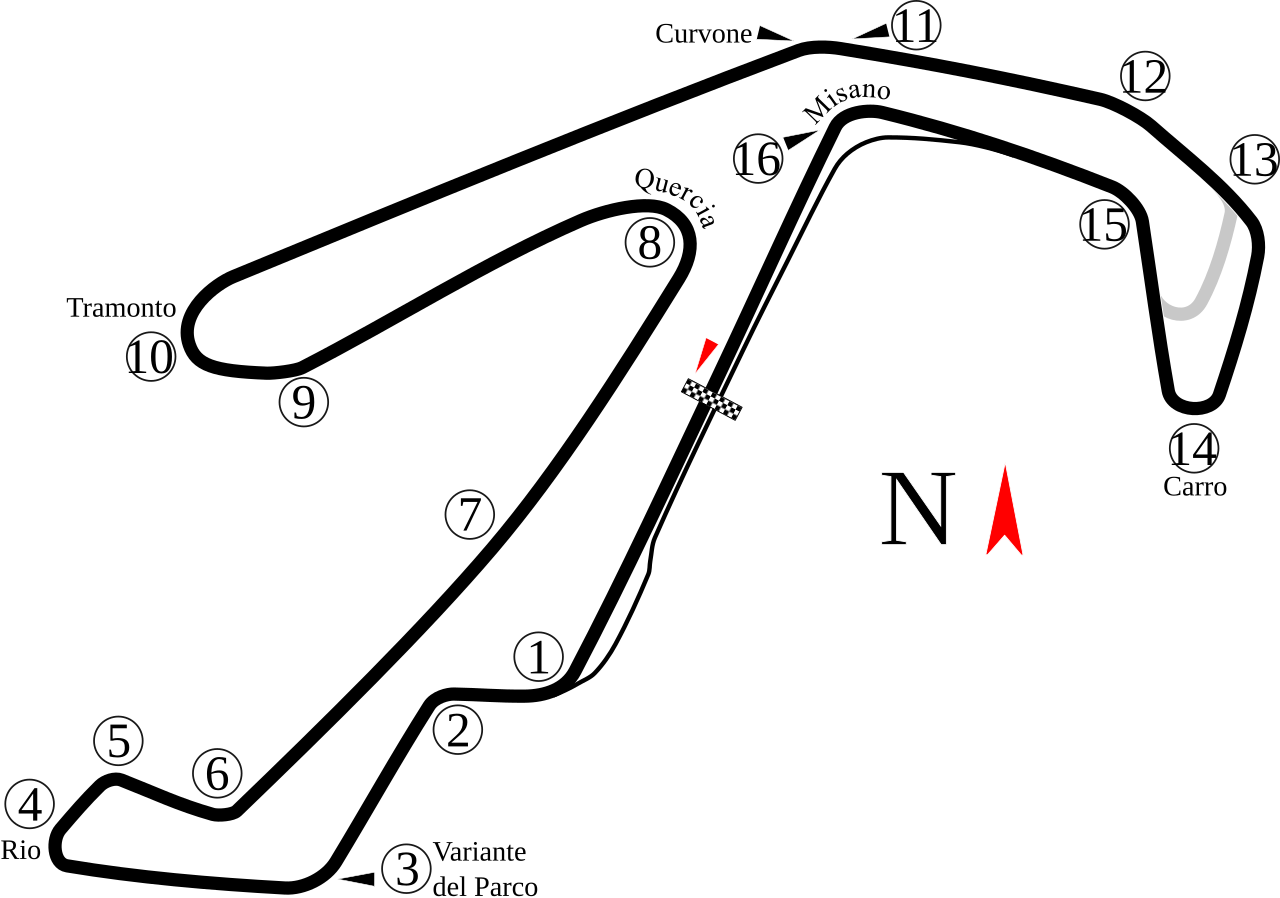 2007年起采用的顺时针布局，展示16个弯及场地连接线。