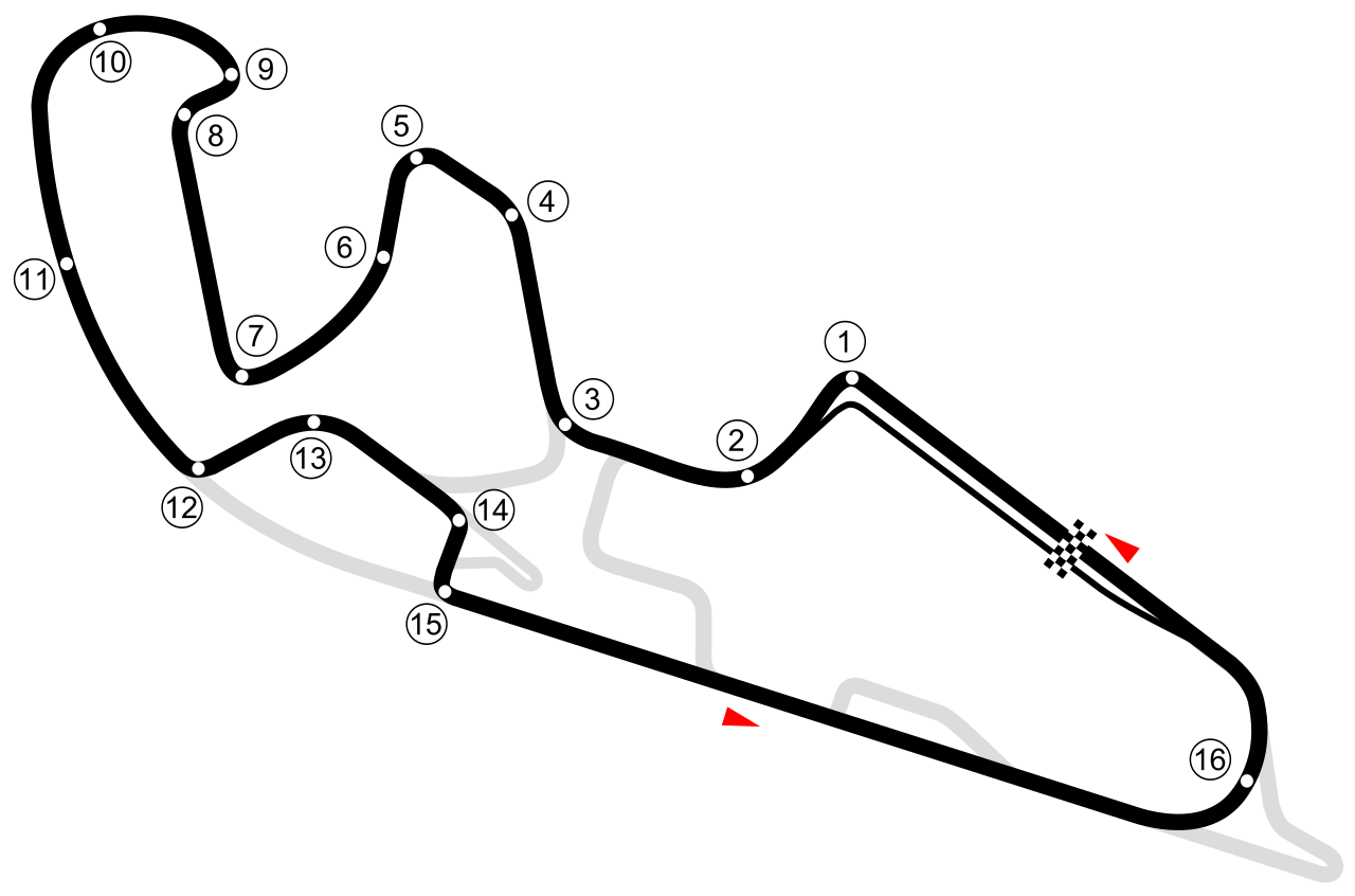 MotorLand FIM 长布局。此图将末段复合左弯合并标号，官方 MotoGP 按两段计数，因此数据表为17弯。