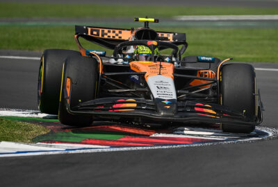2025年F1墨西哥大奖赛三练，诺里斯的迈凯伦MCL39压过路肩