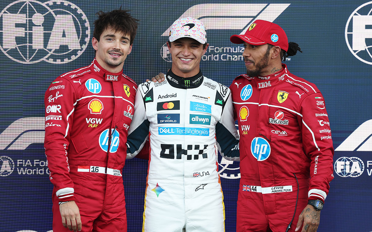 2025年F1墨西哥大奖赛排位赛前三合影,杆位诺里斯、第二勒克莱尔、第三汉密尔顿