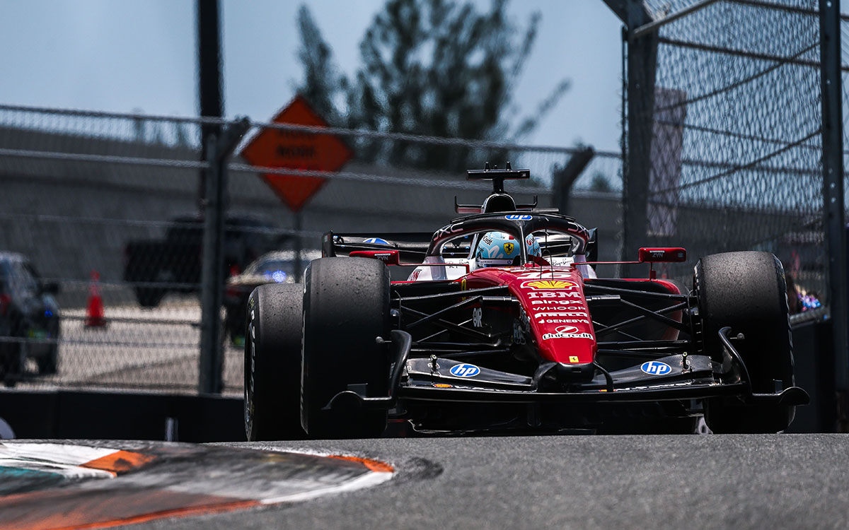 2026年F1迈阿密大奖赛一练，勒克莱尔驾驶法拉利压过路肩