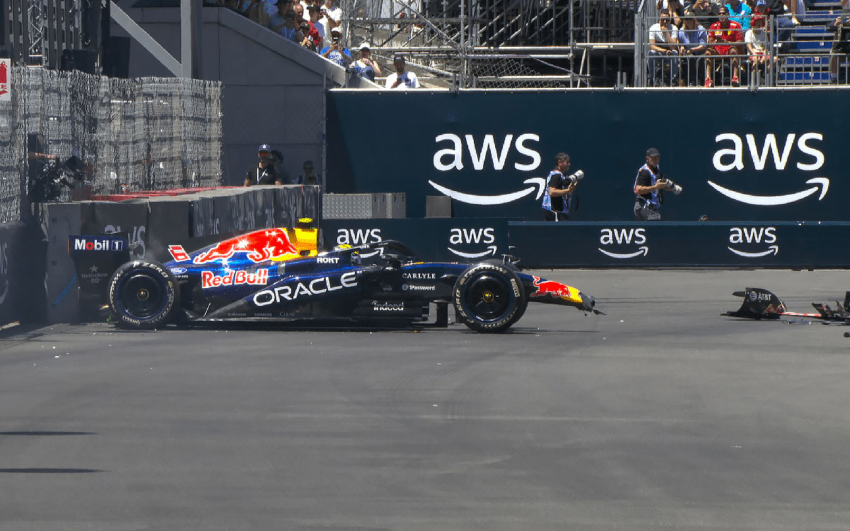 2026年F1摩纳哥大奖赛一练,哈贾尔的红牛在泳池段撞上护栏