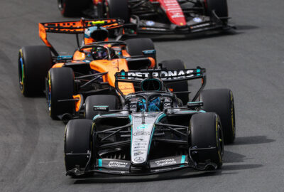 2026年F1荷兰大奖赛冲刺赛，诺里斯与勒克莱尔追赶领跑的拉塞尔
