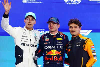 2024年F1卡塔尔大奖赛排位赛，杆位得主维斯塔潘、第二名拉塞尔与第三名诺里斯合影