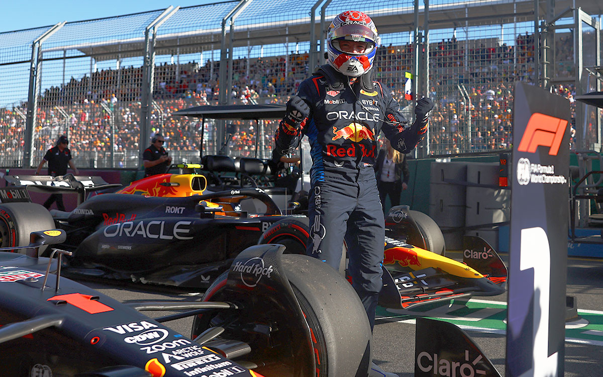 2024年F1澳大利亚大奖赛排位赛，维斯塔潘夺得杆位后庆祝