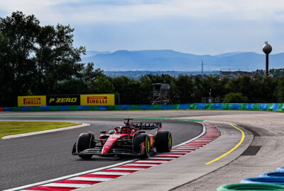 2023年F1匈牙利大奖赛二练，勒克莱尔驾驶法拉利SF-23赛车在亨格罗林赛道做出全场最快圈