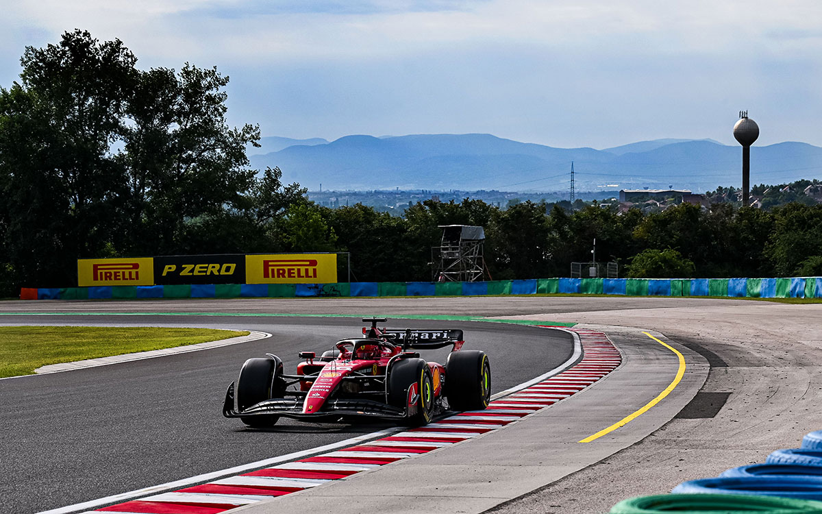 2023年F1匈牙利大奖赛二练，勒克莱尔驾驶法拉利SF-23赛车在亨格罗林赛道做出全场最快圈