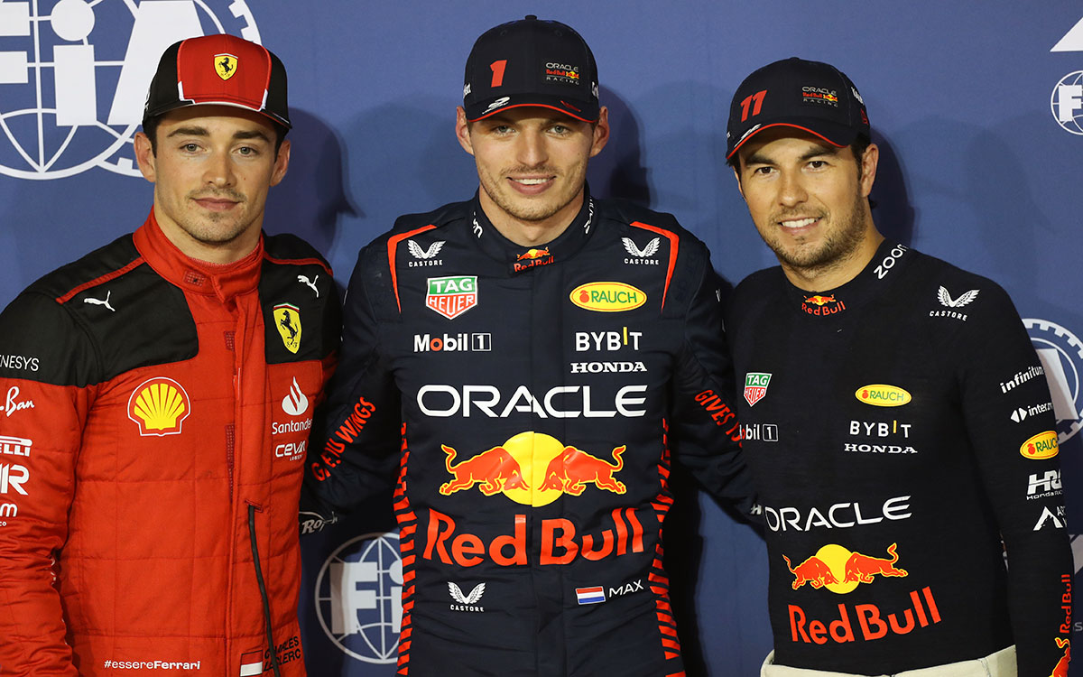 2023年F1巴林大奖赛排位赛前三：杆位维斯塔潘、第二名佩雷兹、第三名勒克莱尔