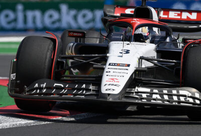 2023年F1墨西哥大奖赛排位赛，里卡多驾驶红牛二队AT04压过罗德里格斯兄弟赛道路肩