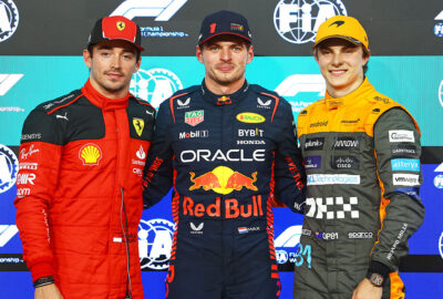 2023年F1阿布扎比大奖赛排位赛，杆位维斯塔潘、第二勒克莱尔、第三皮亚斯特里在parc fermé区域