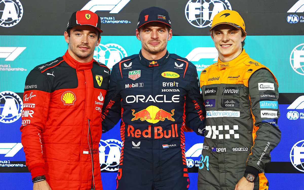 2023年F1阿布扎比大奖赛排位赛，杆位维斯塔潘、第二勒克莱尔、第三皮亚斯特里在parc fermé区域