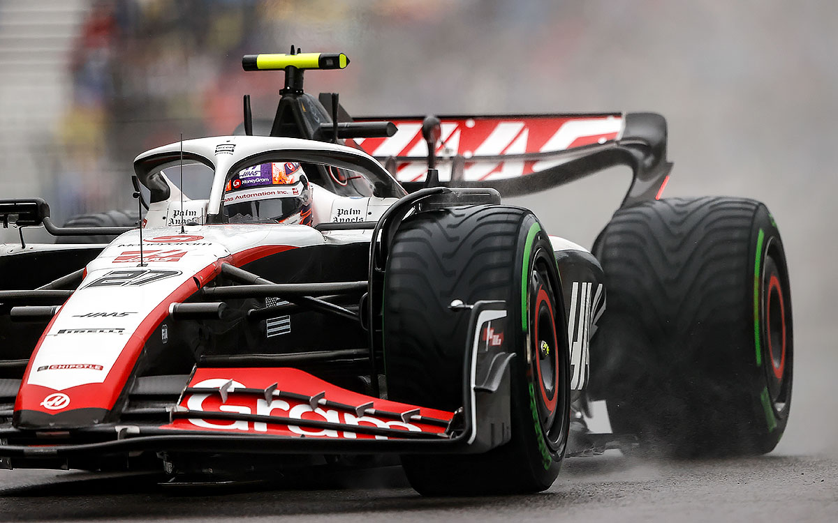 2023年F1加拿大大奖赛排位赛,霍肯伯格驾驶哈斯VF-23搭载半雨胎出场