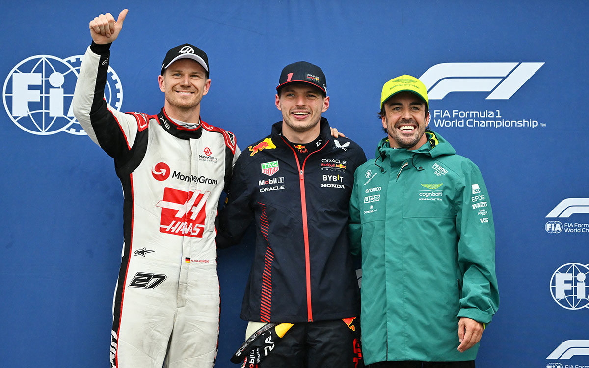 2023年F1加拿大大奖赛排位赛前三：杆位维斯塔潘、第二名霍肯伯格、第三名阿隆索