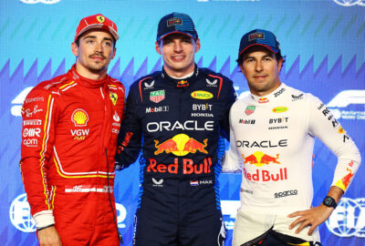 2024年F1沙特阿拉伯大奖赛排位赛，杆位得主维斯塔潘、第二名勒克莱尔与第三名佩雷兹合影