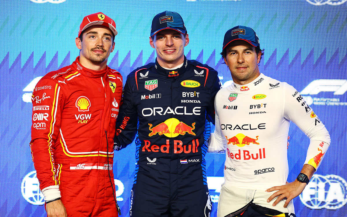 2024年F1沙特阿拉伯大奖赛排位赛，杆位得主维斯塔潘、第二名勒克莱尔与第三名佩雷兹合影