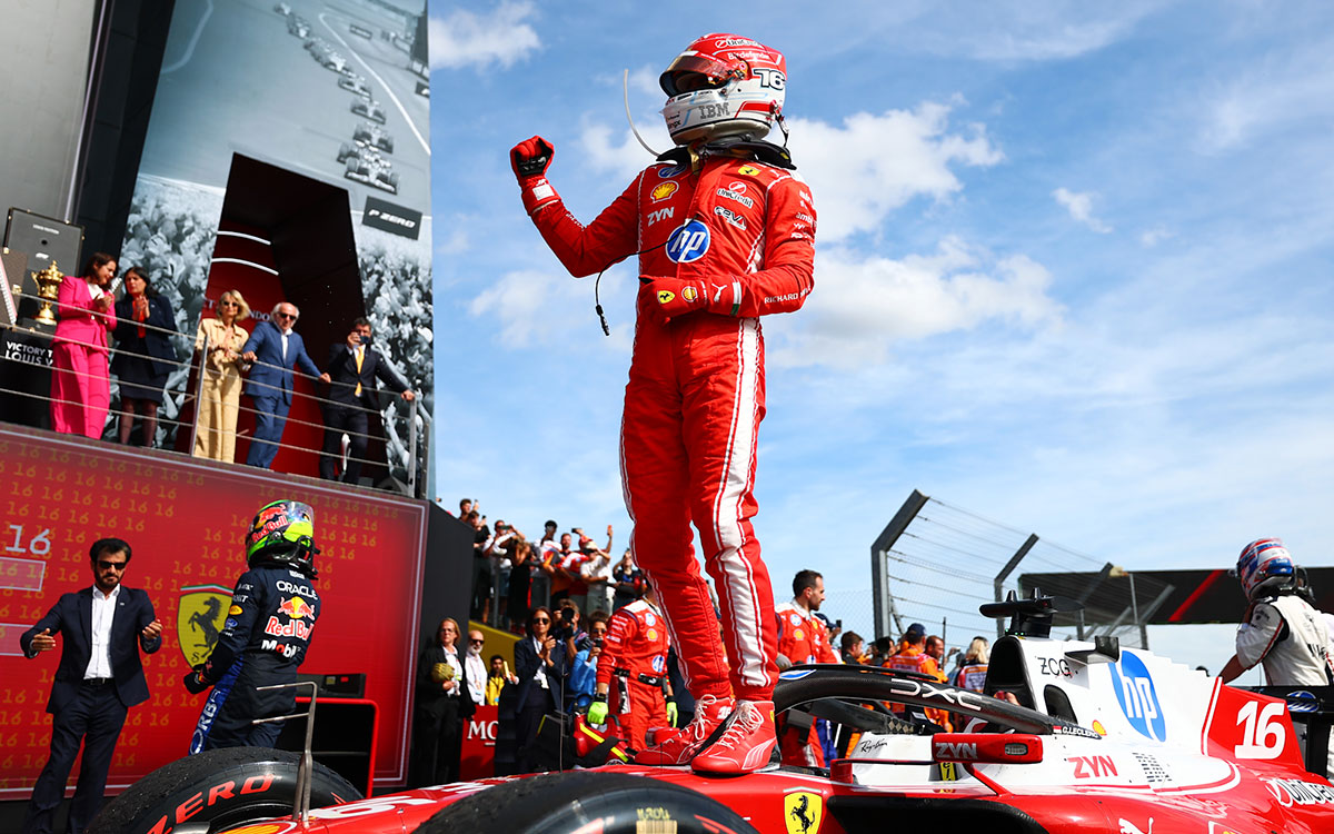2026年F1英国大奖赛正赛，勒克莱尔站上赛车庆祝胜利