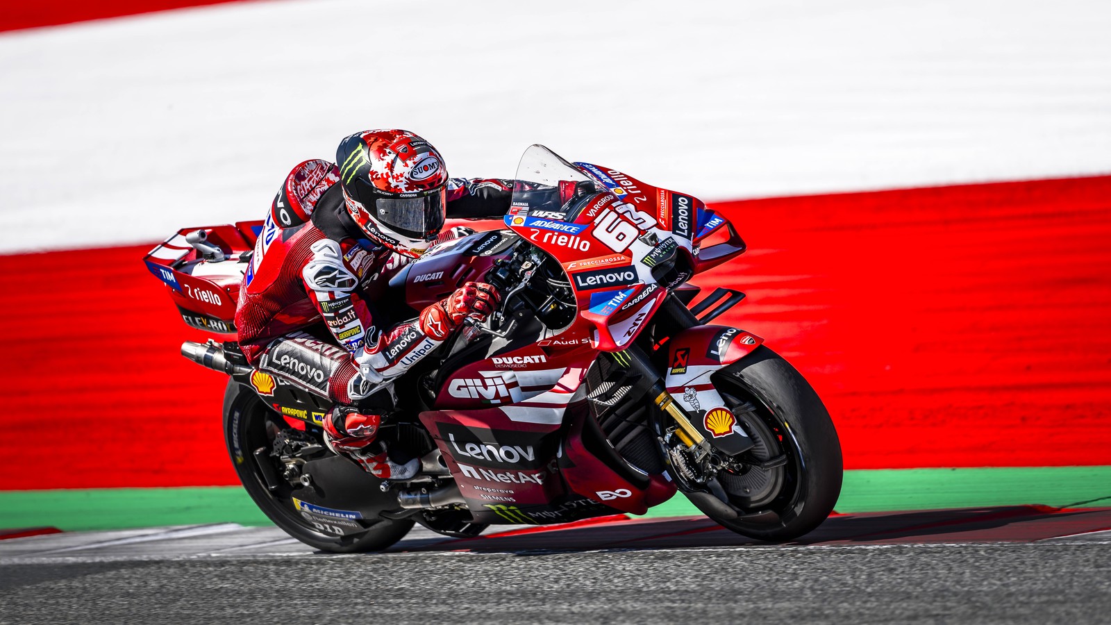 Francesco Bagnaia corners on the No. 63 Ducati