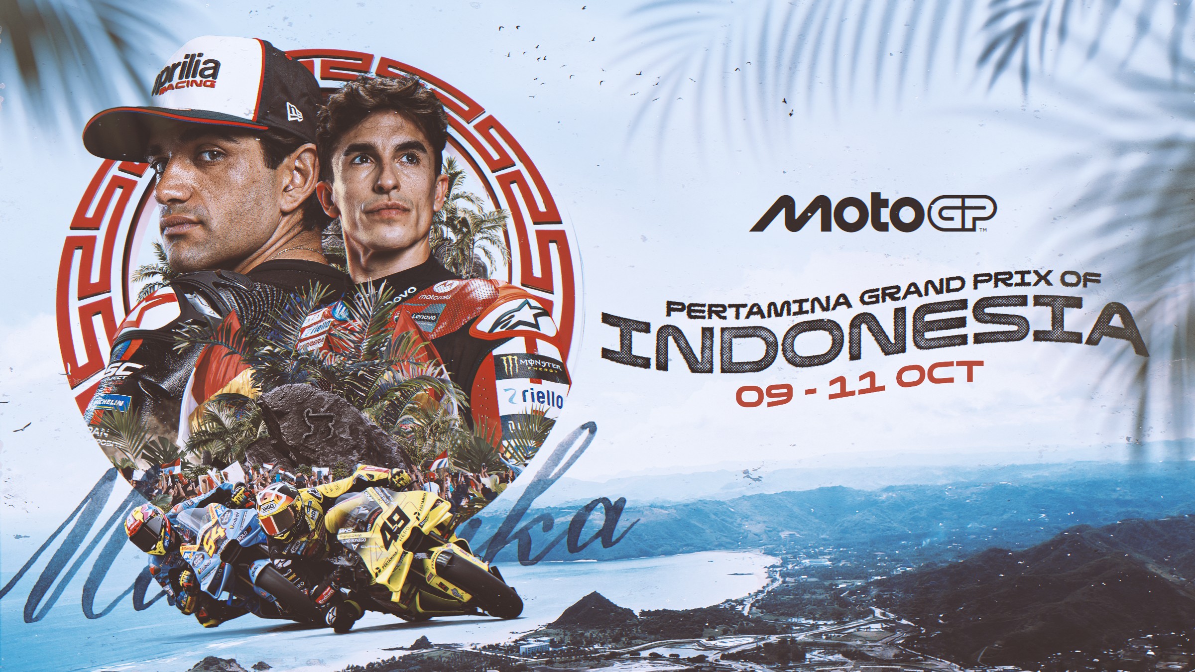 MotoGP官方2026年10月7日印尼站媒体邮件采用的赛事海报,马丁与马克·马奎斯。