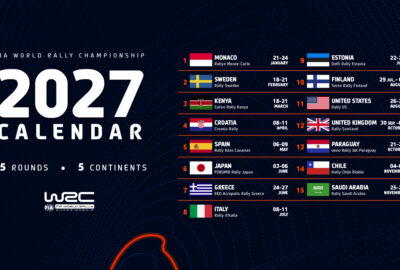 WRC官方2026年10月8日媒体邮件发布的2027赛季15站赛历海报。