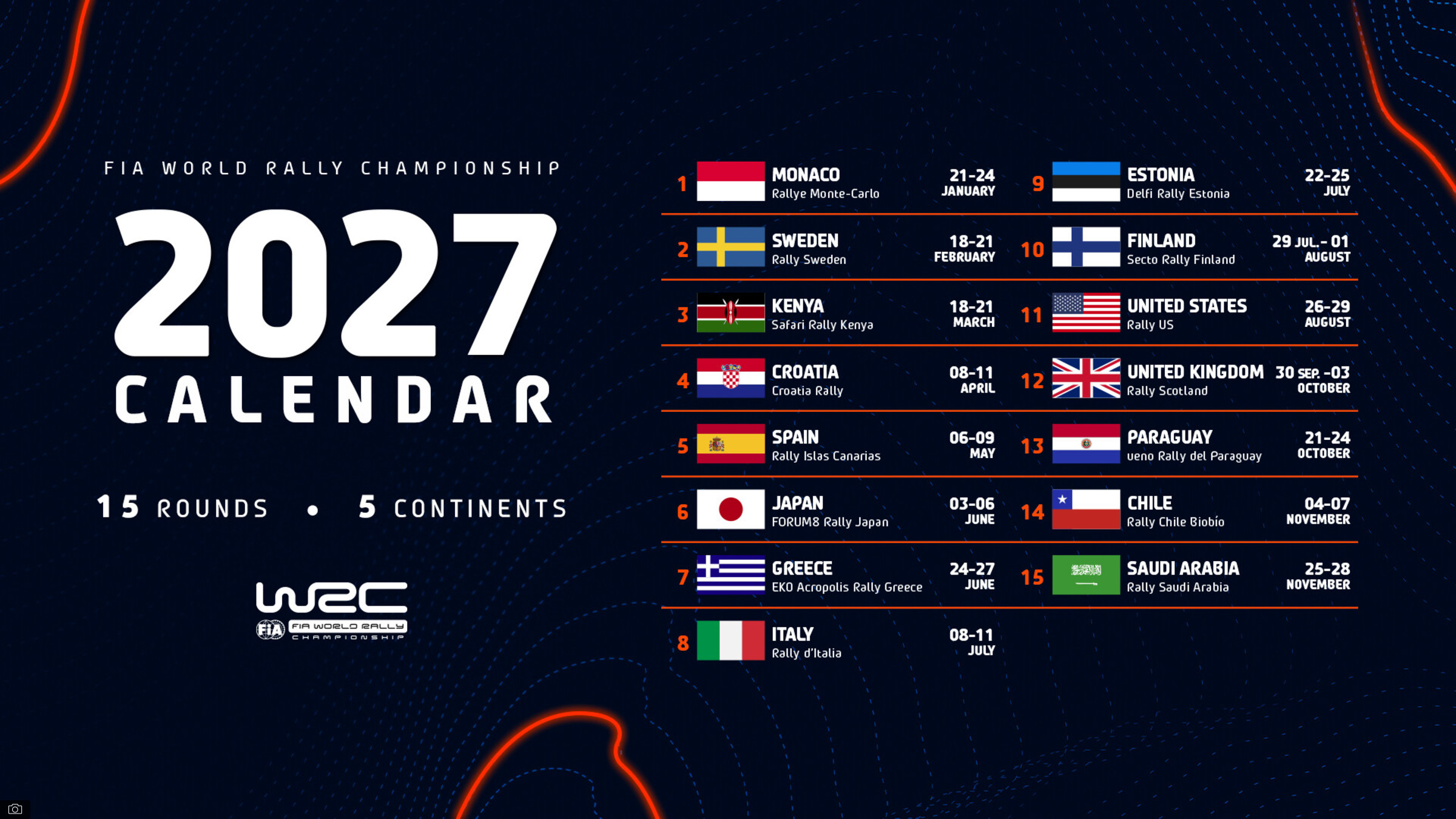 WRC官方2026年10月8日媒体邮件发布的2027赛季15站赛历海报。