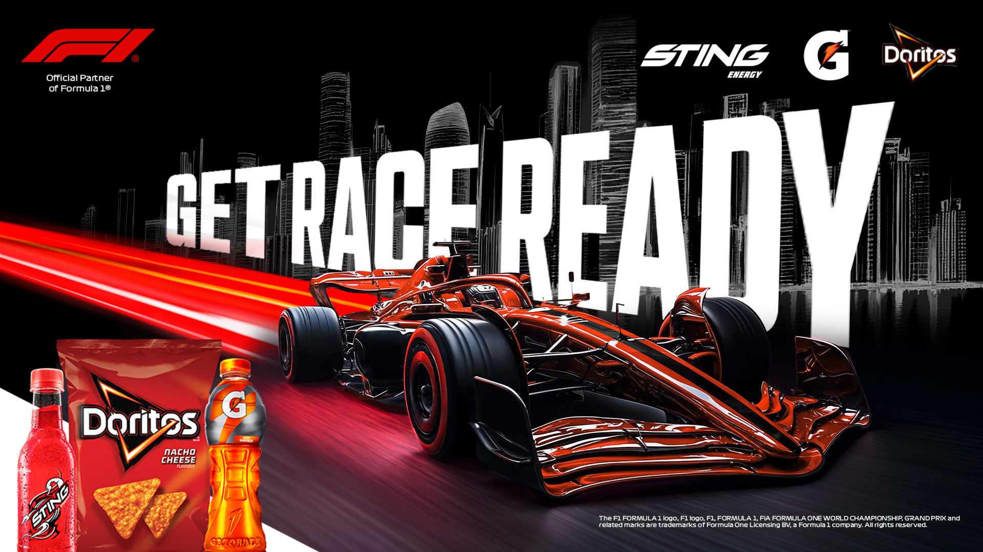 F1于2025年5月公布百事合作时发布的宣传图，展示Sting、佳得乐和多力多滋品牌