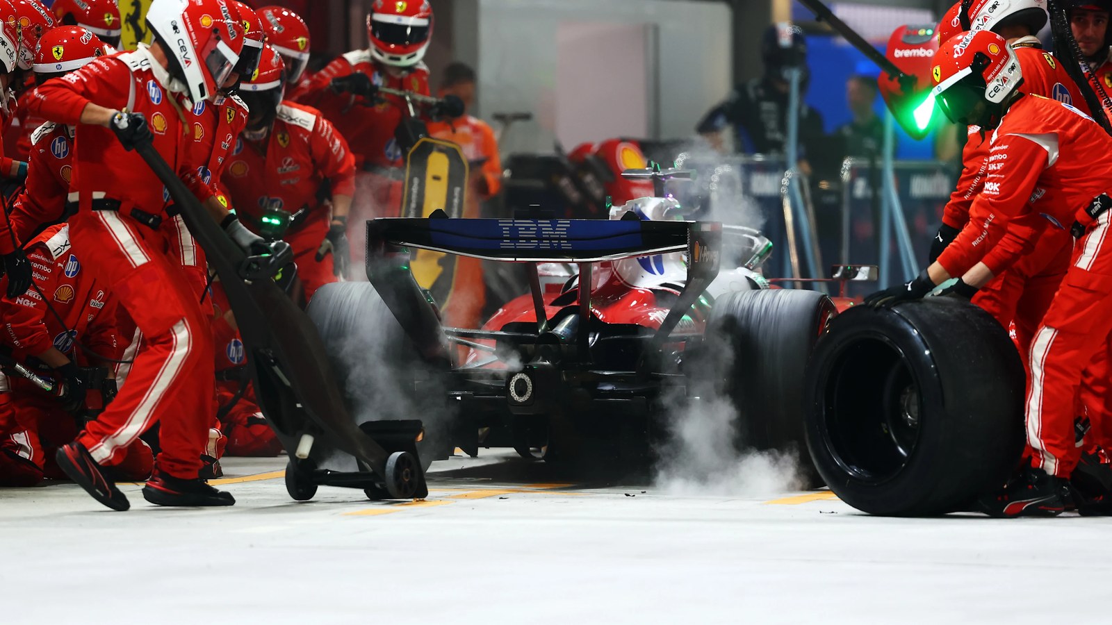A Ferrari changes tires at the 2026 Singapore Grand Prix, an archive photo used in F1's US tire preview rather than an image from the US event.