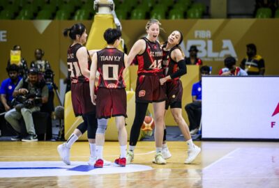 Sichuan Yuanda Meile players celebrate against Akari Sparks in the Women's Basketball League Asia, in a photo from FIBA's match report.
