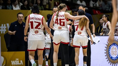 Sichuan players gather courtside during the Women's Basketball League Asia semi-final on October 24, 2026