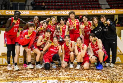 Denso players celebrate winning the 2026 Women's Basketball League Asia final