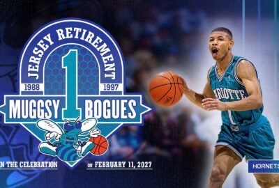 Charlotte Hornets official graphic announcing the retirement of Muggsy Bogues' No. 1 jersey, with the ceremony scheduled for February 11, 2027