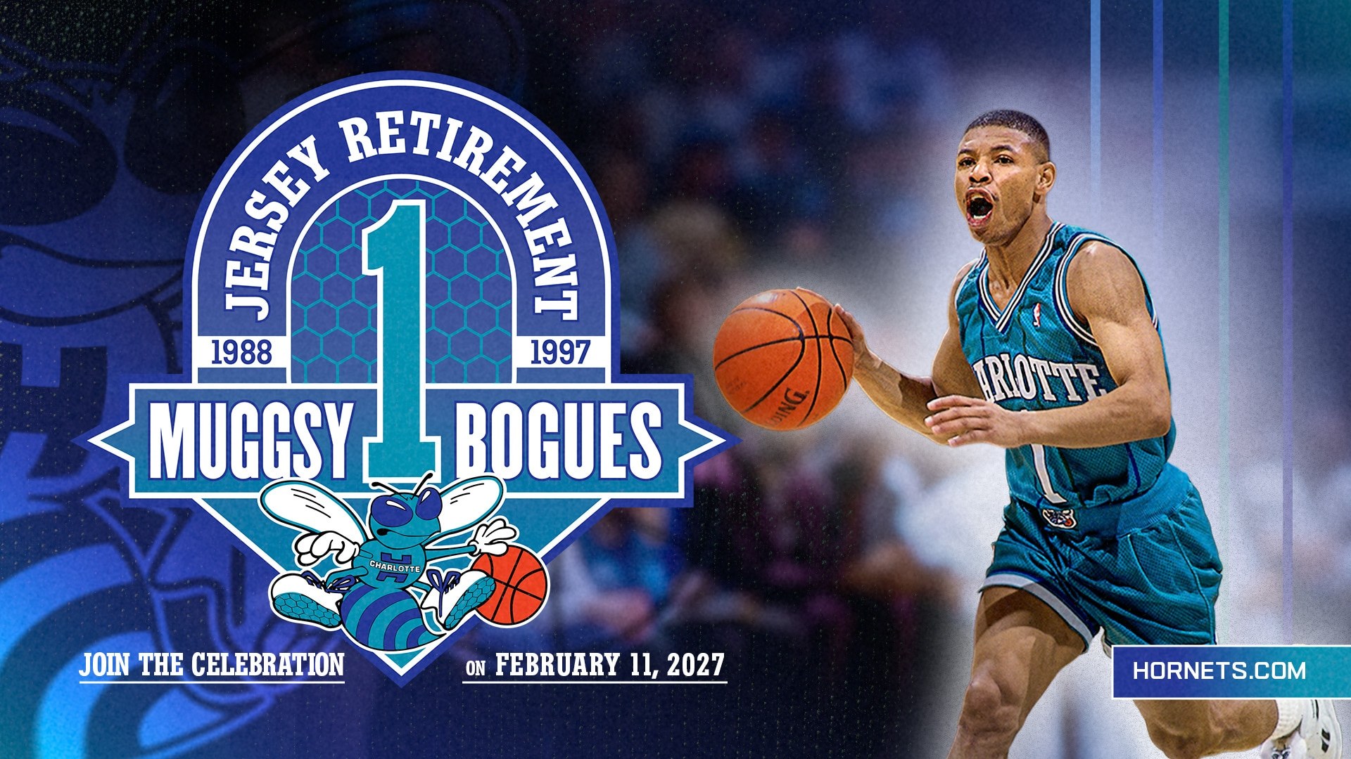 Charlotte Hornets official graphic announcing the retirement of Muggsy Bogues' No. 1 jersey, with the ceremony scheduled for February 11, 2027