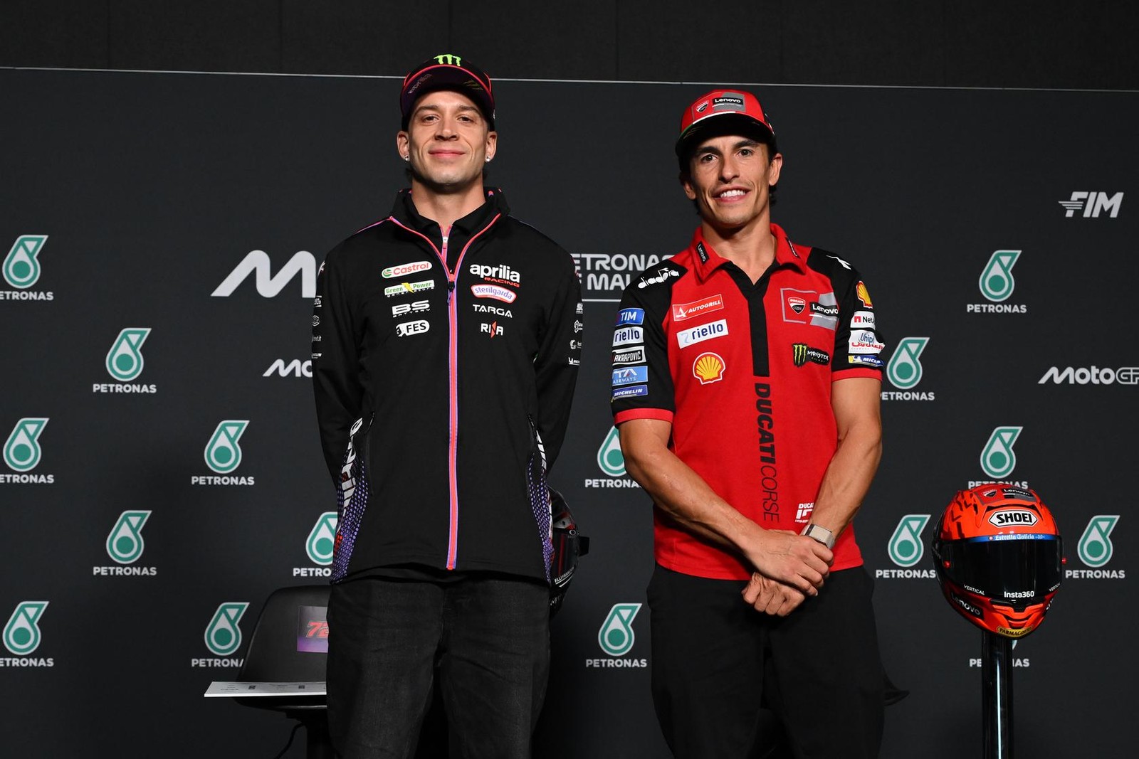Marco Bezzecchi and Marc Marquez at the 2026 Malaysian Grand Prix pre-event media activities; not FP1