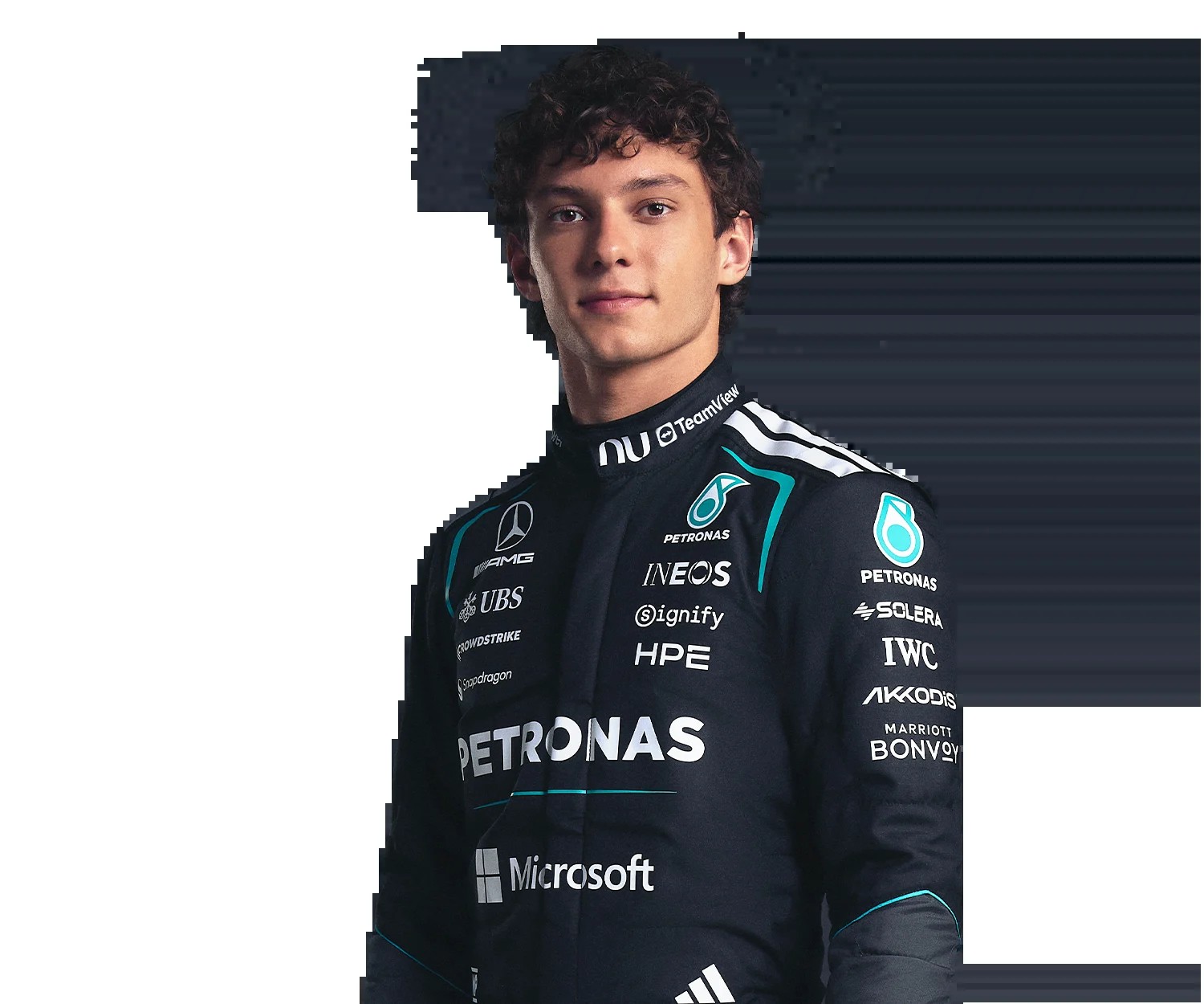メルセデス公式ドライバーページのアントネッリのポートレート。撮影日は明記されておらず、今回の体調不良時の写真ではない