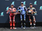 Saturday qualifying front row in Malaysia: Pedro Acosta on the right, Alex Marquez in the centre and Marc Marquez on the left