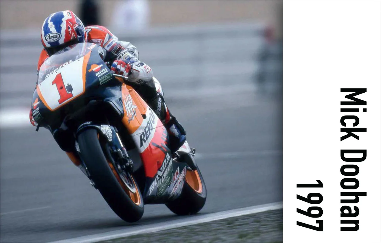 Doohan riding the No. 1 Honda NSR500 in 1997; the name and year markings in Honda's original image are retained.
