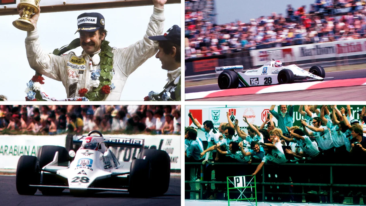 1979年英国GPでのウィリアムズ初勝利を題材にF1公式が制作した歴史写真のコラージュ。レガッツォーニ、FW07、チームの祝福を収めている。