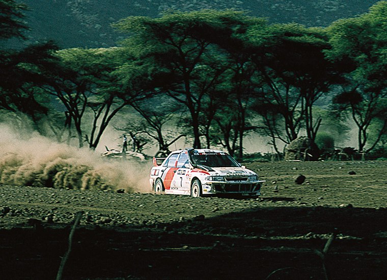 Tommi Mäkinen driving the No. 7 Mitsubishi Lancer Evolution III, from the 1996 Safari Rally archive